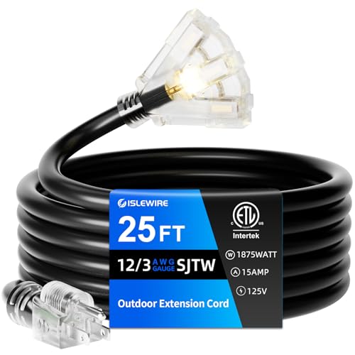 islewire 25 FT Outdoor Extension Cord with Multiple Outlets, 12 Gauge Heavy Duty Black Extension Cord Waterproof with 3 Outlet, 3 Prong Power Cord for Garden and Home Use Indicator Light, ETL Listed