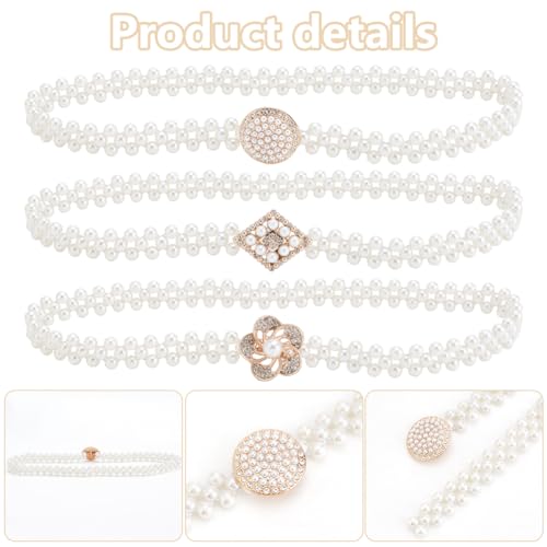 WADORN 3 Styles Elastic Pearl Belt for Women, White Beaded Adjustable Stretch Chain Belts Imitation Pearl Retro Decoration Waist Belt DIY Clothing Waist Accessories for Shirt Wedding Dress3