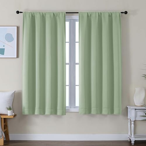 Image of Simplebrand Ava Light Green Short Blackout Curtains for Bedroom 54 Inches Long 2 Panels Set, Solid Thermal Insulated, Energy Saving Window Treatment Curtains Blackout Drapes, W40 x L54 Inch