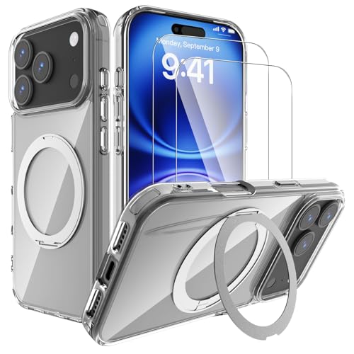 【1個+2枚セット】For (i)Phone 17 Pro Max ケース(1個·MagSafe対応)+ガラスフィルム(2枚) (1)Phone 17 Pro Max 対応 ケース クリア スタンド機能 背面隠し収納式リング付き 360度回転横縦両角度調整 Greerass 耐衝撃 衝撃吸収 全面保護 薄型 軽量 滑り止め 黄ばみ防止 指紋防止 透明 耐久 (クリア)のサムネイル