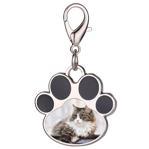 Eletizy Benutzerdefinierter Haustier-Foto-Schlüsselanhänger - Personalisierter Pfotenabdruck-Erkennungsmarken, Graviert - Für Tierliebhaber (Black Paw Print)