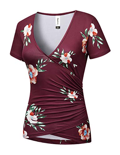 Beauhuty Women's Deep V Neck Short Sleeve Front Wrap Ruched Sexy Slim Fit Tops2