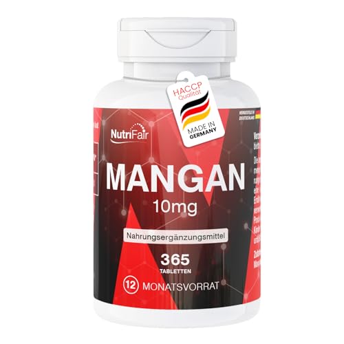 Nutrifair Mangan 10mg 365 Tabletten 10mg pro Tablette schluckfreundlich *Spurenelement für Bindegewebe & Knochen Hochdosiert 100% Vegan Deutsche Produktion & Laborprüfung