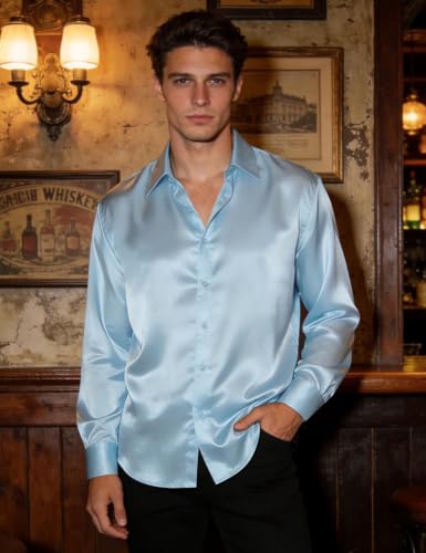 Image of Hi-Tie Men's Silk Satin Dress Shirts Long Sleeve Shiny Casual Button Up Shirts Luxury Party Disco Prom Wedding Shirt