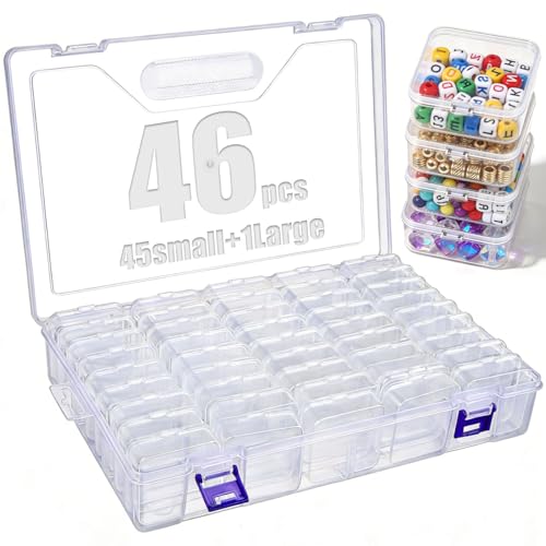 NZNSML 46 Stück Sortierboxen für Kleinteile Sortierbox Kleinteile Aufbewahrung (5.5 x 5.5 x 2cm) Mini Aufbewahrungsbox Transparent Bügelperlen Aufbewahrungsbox für Schmuck Perlen Schrauben
