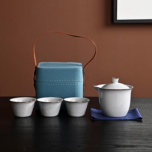 KUSIKIKA 携帯茶器セット 200ml急須+湯のみ3客 陶器 車載 旅行用 コンパクト収納バッグ付き 中国茶器 ギフト プレゼント 和風デザイン (オフホワイトBタイプ)