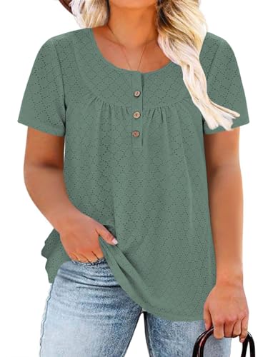 Image of VISLILY Womens-Plus-Size-Summer-Tops Buttons Up Henley Shirts Flowy Pleated Tunics Trendy Eyelet Short Sleeve Blouses
