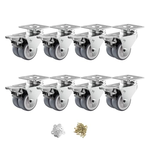 Image of Caster Wheels, 2inch Casters Set of 8 Heavy Duty, Two-Wheeled Grey TPR Casters with Brake, Double-Wheeled Swivel Plate Locking Castor Wheels Widely Used in All Kinds of Furniture.(8 Pack)