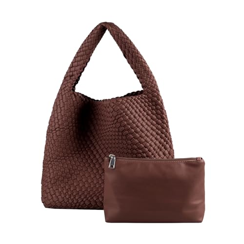 Image of Woven Tote Bag for Women with Purse, Vegan Leather Hobo Bags Large Handmade Underarm Shoulder Bag