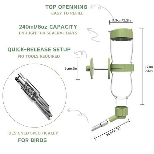 Bird Water Feeder, Automatic Water Dispenser for Cage Hanging Water Bottle for Parakeet Canary Cockatiel Finch Budgie (Green, 240ml) - Image 2