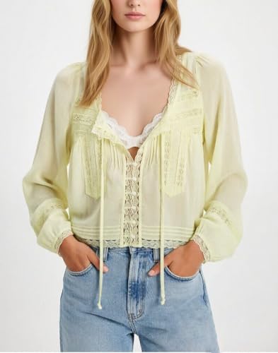 Image of Women Summer Sheer Tie Front Top Y2k Peplum Chiffon Blouse Eyelet Long Sleeve Flowy Lace Beach Cover Up Boho Tops
