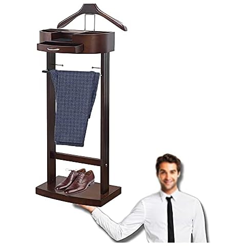 LOHOX Clothes Valet Stand Floor Standing Suit Hanger Rack with Drawer and Solid Frame Crease-Free Suit Coat Stand Storage Wooden for Bathroom Office Bedroom H106.6 x W 34.2 x D 43.1cm Cover