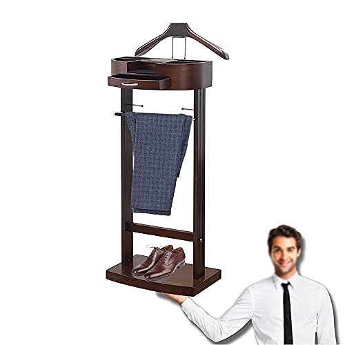 Soporte de madera para ropa con cajón, marco sólido y sin arrugas, perchero de pie, para baño, oficina, dormitorio, 106,6 x 34,2 x 43,1 cm