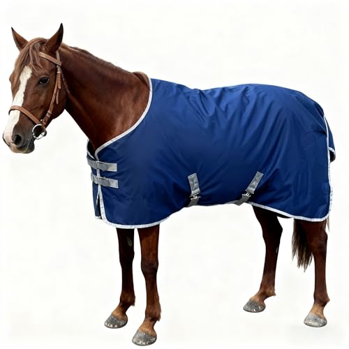 Image of 1200D Horse Blanket Winter Water Resistant 220g Polyester Fiber Filling Liner 1200D Premium Turnout Horse Blanket,Medium Weight Blanket 81 inches,155cm Deep Blue