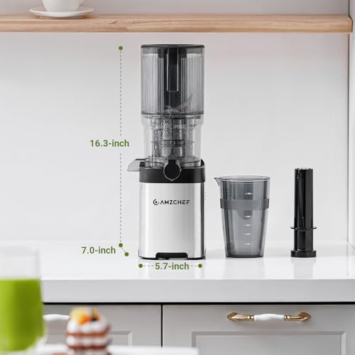 Image of AMZCHEF Cold Press Juicer Machine, 5.2 inch Large Self-Feeding Chute for Whole Fruits & Vegetables, Masticating Juice Extractor with Large Auger & Triple Strainers, Easy to Clean