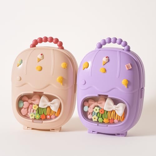 Image of KiZY Girl Kid Hair Accessories Storage Box | Hair Ties-Clips, Bow-Ribbon-Headband, Jewelry Organizer | Portable Case | Available in Multiple Design-Color. (Pink+Purple)
