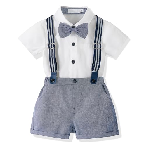 Image of Volunboy Baby Boy Formal Short Set Toddler Summer Gentleman Outfit Kid Short Sleeve Bowtie Shirt Suspender Shorts Suit