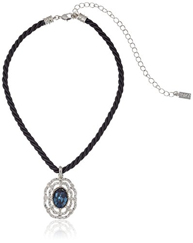 1928 Jewelry Black Rope Choker with Silver-tone and Blue Stone Pendant Necklace