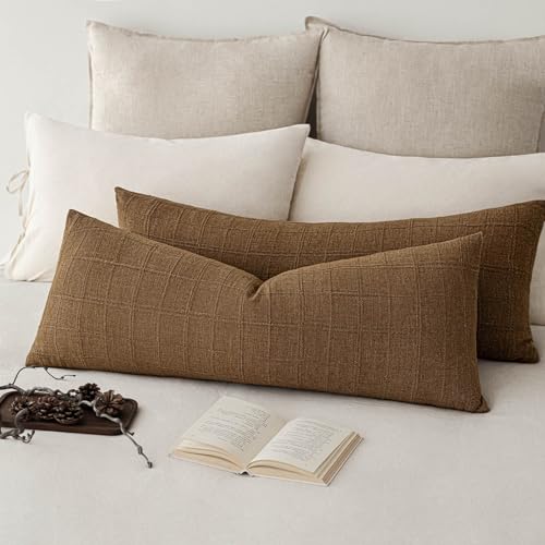 Image of Foindtower Set of 1 Decorative Linen Check Throw Pillow Cover Neutral Long Body Lumbar Cushion Cover Farmhouse Vintage Boho Home Decor for Sofa Chair Couch Bedroom Living Room,14x36 Inch,Brown Hazel