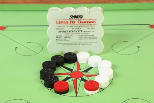 Image of Synco Professional Wooden Carrom Coins Set | 24 Carrom Board Coins in Special Case (GeniusChampion Black & White)
