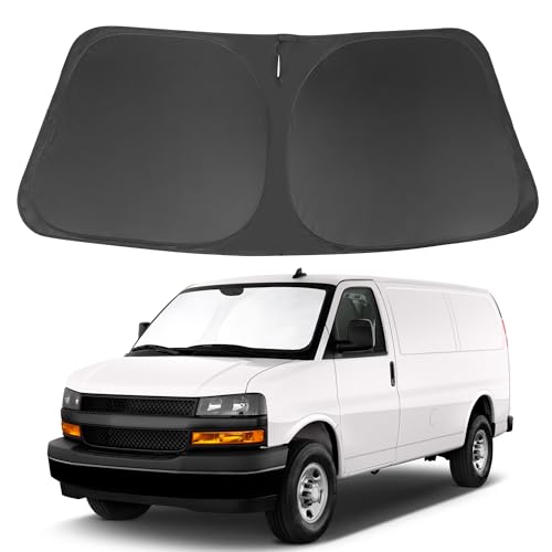 Image of Windshield Sun Shade Compatible with 1996-2024 2025 2026 Chevrolet Express Cargo Van 1500, 3500, 4500, LS, LT Winter Accessories Foldable Sun Visor Protector Keeps Cool