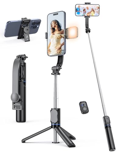 Selfie Stick mit Fülllicht [Abnehmbarer Handyhalterung],106 cm Ausziehbares Handy Stativ mit Fernbedienung, 360° Drehbarer StativStänder für iPhone, Samsung und Android-Smartphones