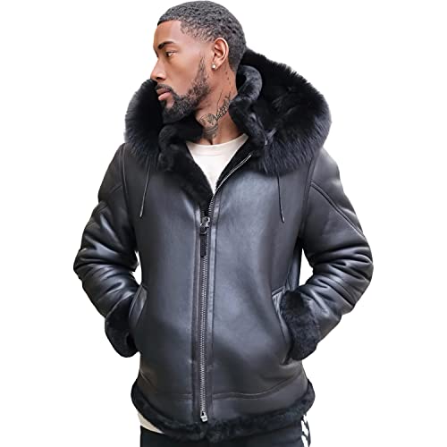 Men's Black Leather Shearling Jacket with Fur Hood