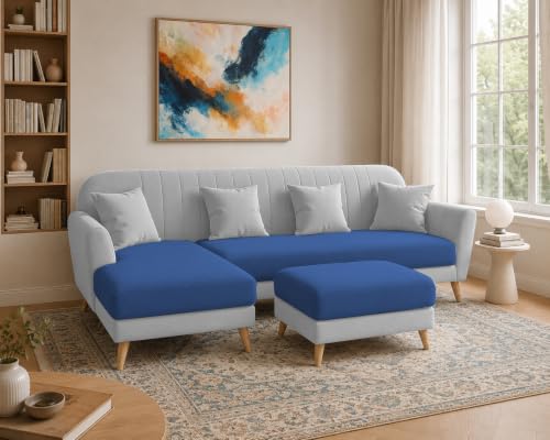 Image of Atticus LHS 6 Seater L Shape Sofa Set with Ottoman Living Room (Blue Grey Colour Fabric) Premium Fabric Sofa Set for Living Room