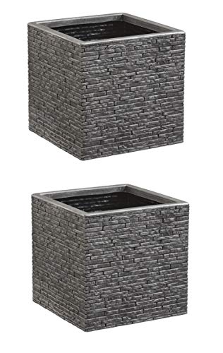 2 x 32 centimetre Strata Grey Brick Stone Effect Square Plastic Planter Flower Pot Patio Planter