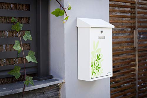 ARREGUI Premium E5608 brievenbus van verzinkt staal, met in zeefdruk gelakte bladen - motief"Blossom", maat M (A4 post), wandbrievenbus voor buiten met inwerpklep, wit met groen - Afbeelding 5