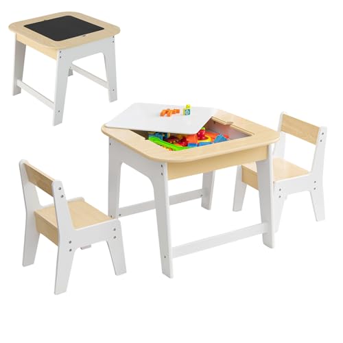 LIFEZEAL Juego de Mesa Infantil con 2 Sillas, Mesa de Actividad con Pizarra Doble Cara, Mesa Cuadrada con Tablero Extraíble y Almacenamiento Oculto, Conjunto de Mueble para niños (Natural+Blanco)