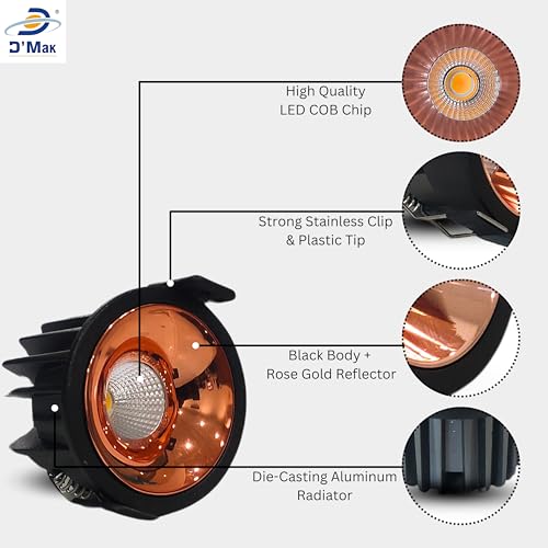 Image of D'Mak 7W Black Body LED COB Spot Light with Rose Gold Reflector (Warm White, 10)
