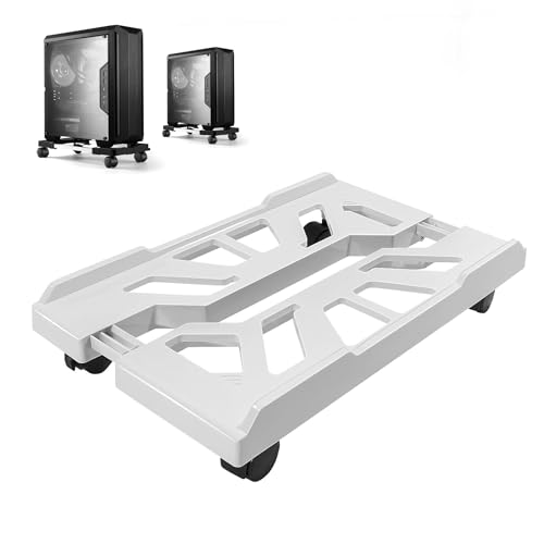 Hmseng Mobile Tower Stand, CPU Stand with 4 Rolling Caster Wheels, Adjustable CPU Cart Holder, 2 Locking Rolling Caster Wheels, Colorful Transparent PC Host Bracket, Fits Most PC Case(White)