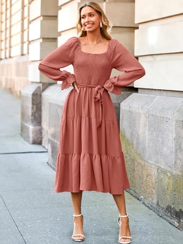 Image of Simplee Womens Long Sleeve Maxi Dress Casual Square Neck Smocked Flowy Fall Wedding Guest Dresses