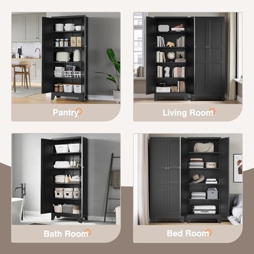 Image of Yizosh Metal Pantry Cabinet, 75 inch Kitchen Pantry with 2 Door and 4 Adjustable Shelves,Black Metal Pantry Storage Cabinet,Cupboard for Kitchen,Dining Room,Living Room and Bathroom