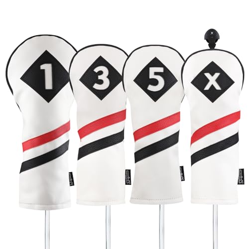 Majek Retro Golf Headcovers White Red and Black Vintage Leather Style 1 3 5 X Driver Fairway and Hybrid Head Covers Fits 460cc Drivers Classic Look Majek Retro Golf Headcovers White Red and Black Vintage Leather Style 1 3 5 X Driver Fairway and Hybrid Head Covers Fits 460cc Drivers Classic Look
