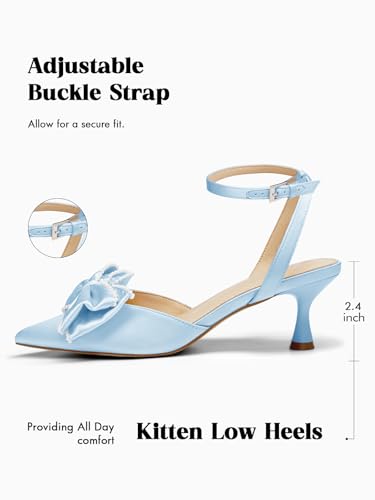 Image of Coutgo Womens Satin Kitten Low Heels Bow Pearl Closed Pointed Toe Pumps Ankle Strap Wedding Dress Shoes