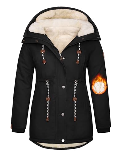 Yusongirl Wintermantel für Damen, Übergröße, mit Fleece gefüttert, mit Reißverschluss, lange Jacke mit Taschen, winddicht, isoliert, Schwarz, 4XL Große Größen