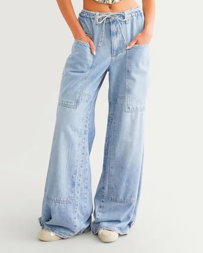 Women Wide Leg Jeans Elastic Mid Waist Belt Baggy Jeans Loose Casual Boyfriend Y2K Denim Pants with Pockets2