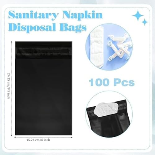 Image of AVRIN 100 Pcs Feminine & Baby Hygiene Disposal Bags 6.5 x 9 Inch | Leakproof Odor-Control Sanitary Pad Waste Bags for Pads, Panty Liners, Diapers & Baby Care | Sealable Disposable Bags for Women Care