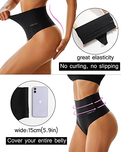 FINETOO High Waisted Thongs for Women Tummy Control Underwear Soft Nylon Stretchy No Show High Rise Thong Panties 4 Pack2