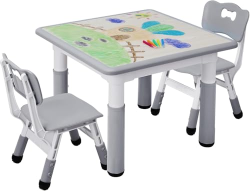 MAMIZO Ensemble de Table pour Enfants Réglable en Hauteur Avec 2 Chaises, Meubles en Plastique, pour Peinture, Garçons et Filles à Partir de 3 Ans (Gris,...