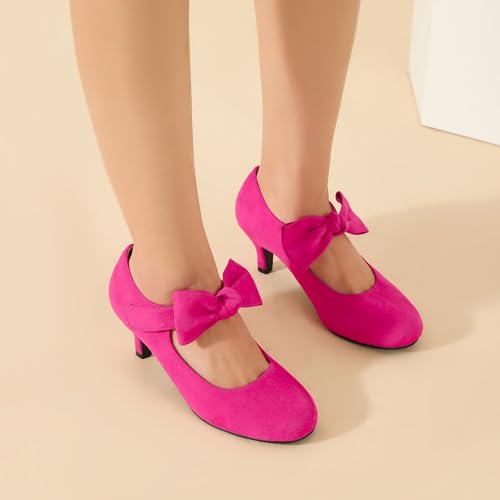 Enelauge Women's Bow Mary Jane Pumps Low Kitten Heels Round Toe Ankle Strap Wedding Office Work Dress Evening Party Shoes4