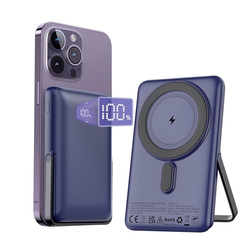 KIMORE Wireless Portable Charger -10000mAh Magnetic Portable Charger with LED Display, Foldable Stand, Mag-Safe Battery Pack 20W PD Fast Charging for iPhone 15/14/13/12 Pro/Pro Max/Plus - Purple