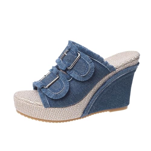 Sandales compensées en denim à enfiler avec semelle légère et boucle réglable