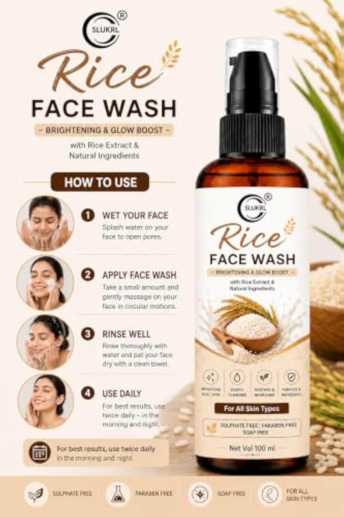Rice Face Wash & Vitamin C Serum Set for Face Glow