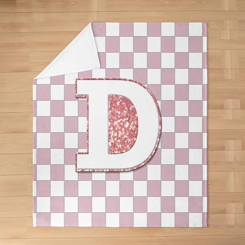 Image of Erosebridal Pink Initial D Flannel Blanket Kawaii Plaid Checkered Fuzzy Plush Throw Cute Personalized Monogram Fleece Blanket for Kids Girls,Fashion Grids Gingham Decor for Bed Couch 40 inchx50 inch