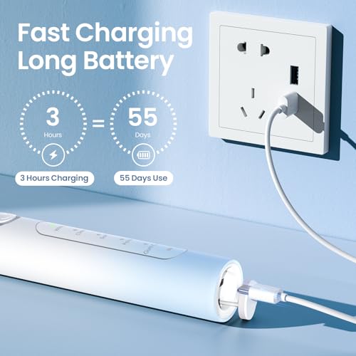YUNCHI C2 Elektrische Zahnbürste mit 40000 VPM, Schallzahnbürste für Erwachsene, USB-C Ladung, 55 Tage Akkulaufzeit, 5 Putzmodi, 2-Min-Timer, 8 Bürstenköpfen, Reiseetui, Hellblau - Weiß Verlauf – Bild 5