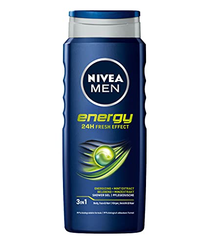 NIVEA MEN Energy Gel douche, douche de soin avec parfum revitalisant et effet fraîcheur 24 h, crème de douche rafraîchissante à l'extrait de menthe pour le corps et les cheveux (500 ml)