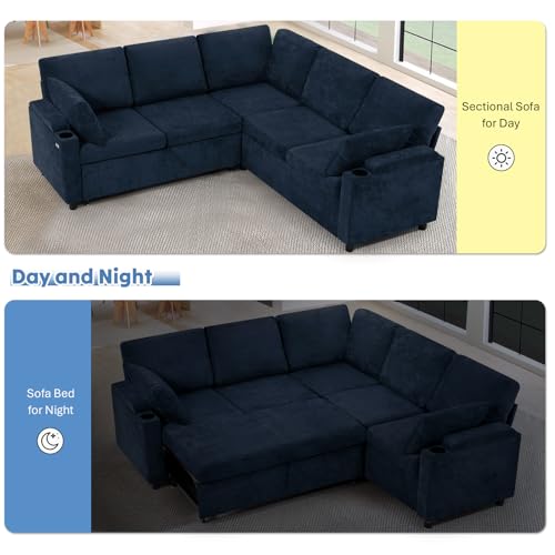 Image of 85 inch Chenille Sectional Sofa w /Pull Out Bed & Storage Space, Blue | Upholstery L Shaped Couch w /Cup Holders, Modern Corner Sofa w /USB Charging Port & Throw Pillow for Living Room
